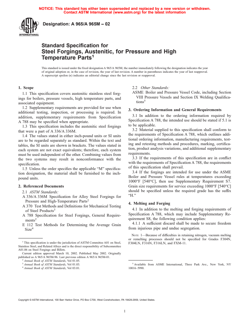 ASTM A965/A965M-02 - Standard Specification for Steel Forgings, Austenitic, for Pressure and High Temperature Parts