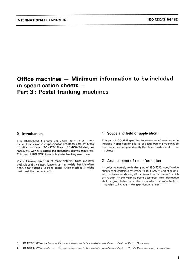 ISO 4232-3:1984 - Office machines -- Minimum information to be included in specification sheets