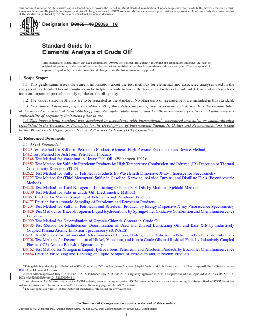 REDLINE ASTM D8056-18 - Standard Guide for Elemental Analysis of Crude Oil