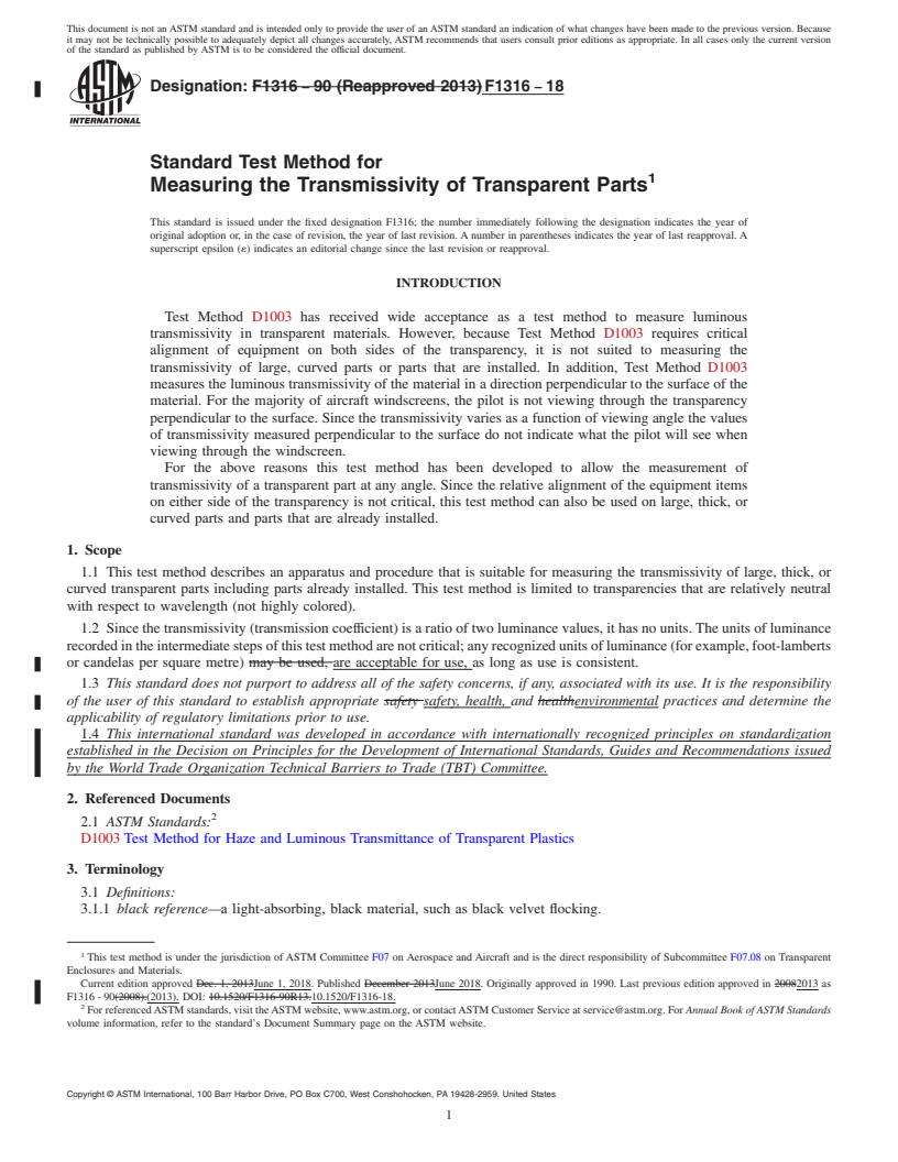 REDLINE ASTM F1316-18 - Standard Test Method for  Measuring the Transmissivity of Transparent Parts