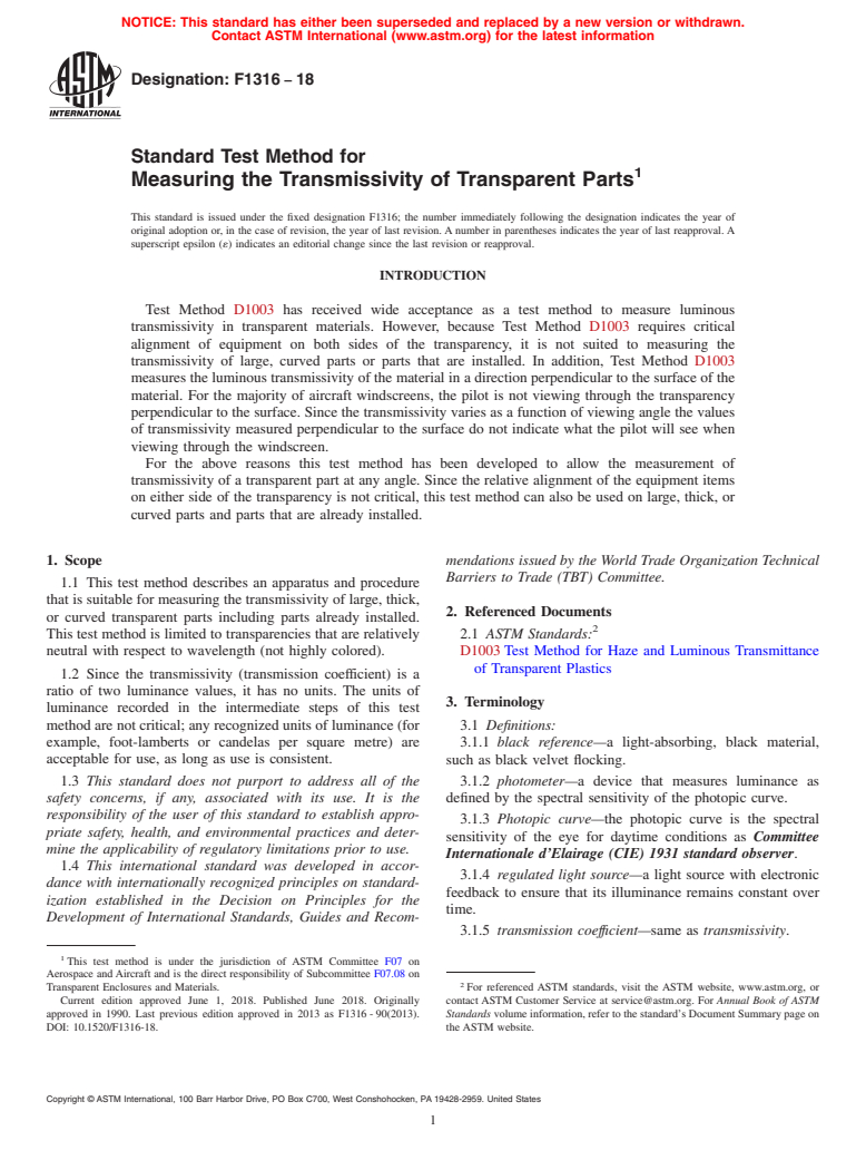 ASTM F1316-18 - Standard Test Method for  Measuring the Transmissivity of Transparent Parts