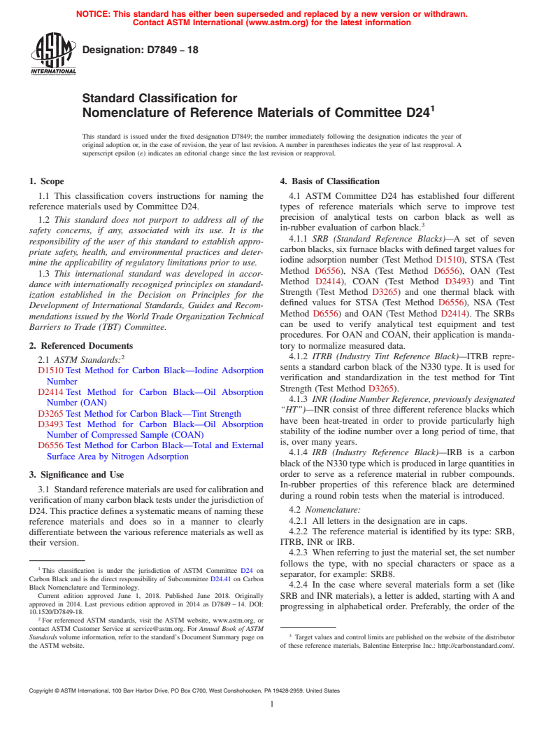 ASTM D7849-18 - Standard Classification for Nomenclature of Reference Materials of Committee D24