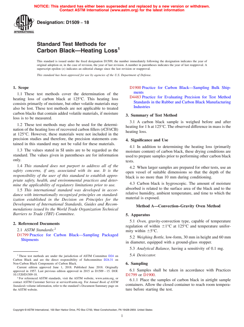 ASTM D1509-18 - Standard Test Methods for Carbon Black&#x2014;Heating Loss