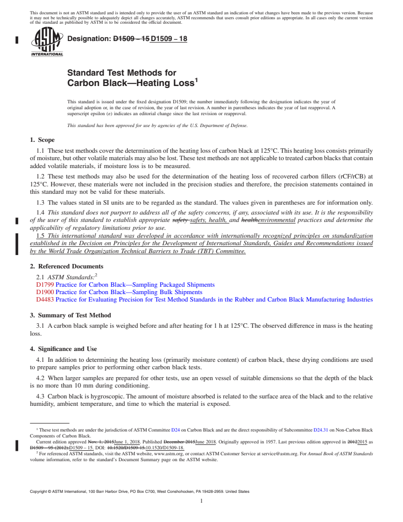 REDLINE ASTM D1509-18 - Standard Test Methods for Carbon Black&#x2014;Heating Loss