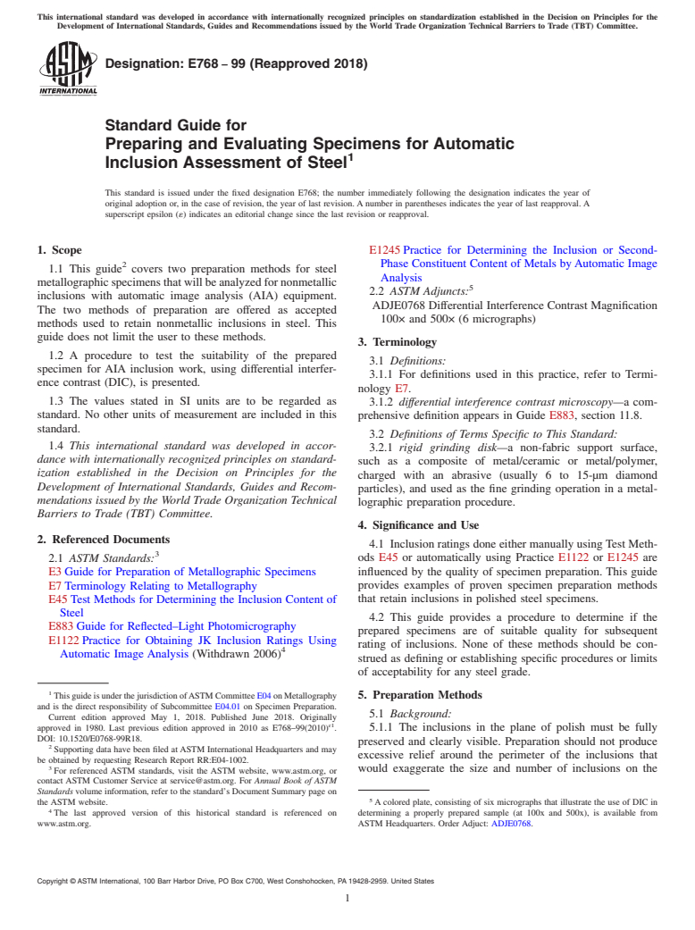 ASTM E768-99(2018) - Standard Guide for  Preparing and Evaluating Specimens for Automatic Inclusion  Assessment of Steel