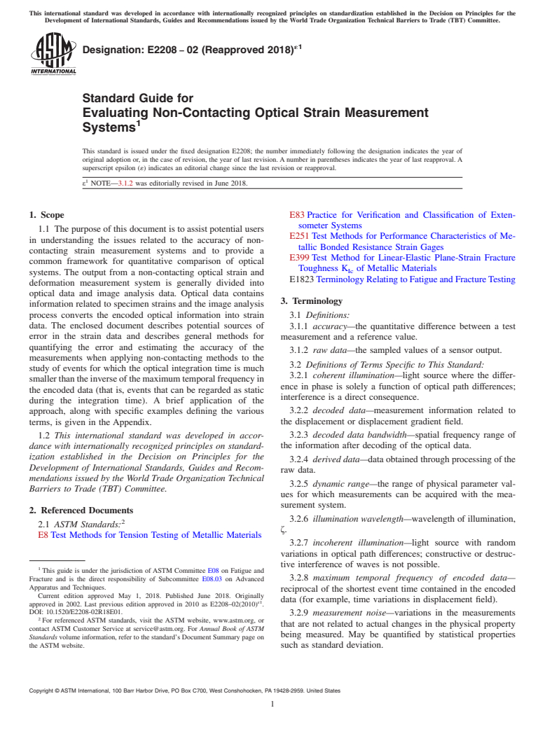 ASTM E2208-02(2018)e1 - Standard Guide for  Evaluating Non-Contacting Optical Strain Measurement Systems