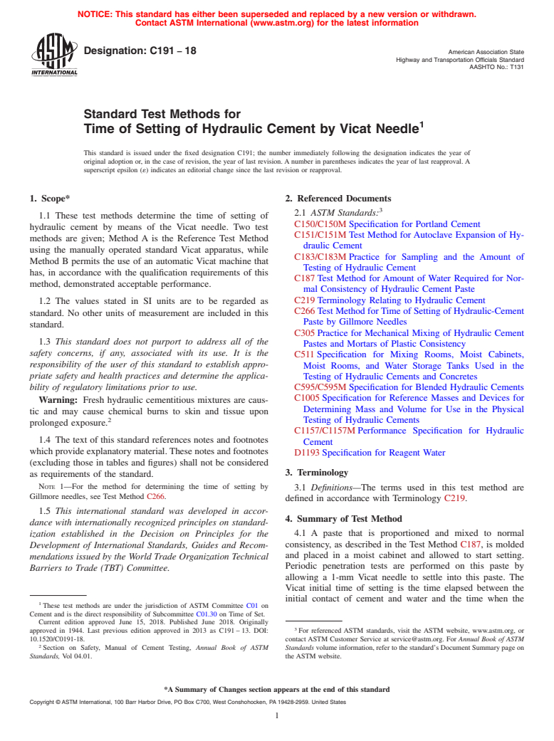 ASTM C191-18 - Standard Test Methods for  Time of Setting of Hydraulic Cement by Vicat Needle