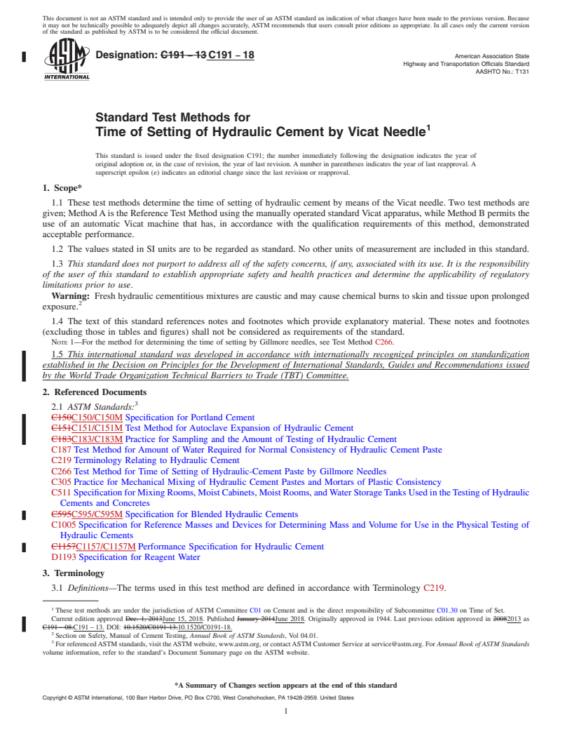 REDLINE ASTM C191-18 - Standard Test Methods for  Time of Setting of Hydraulic Cement by Vicat Needle