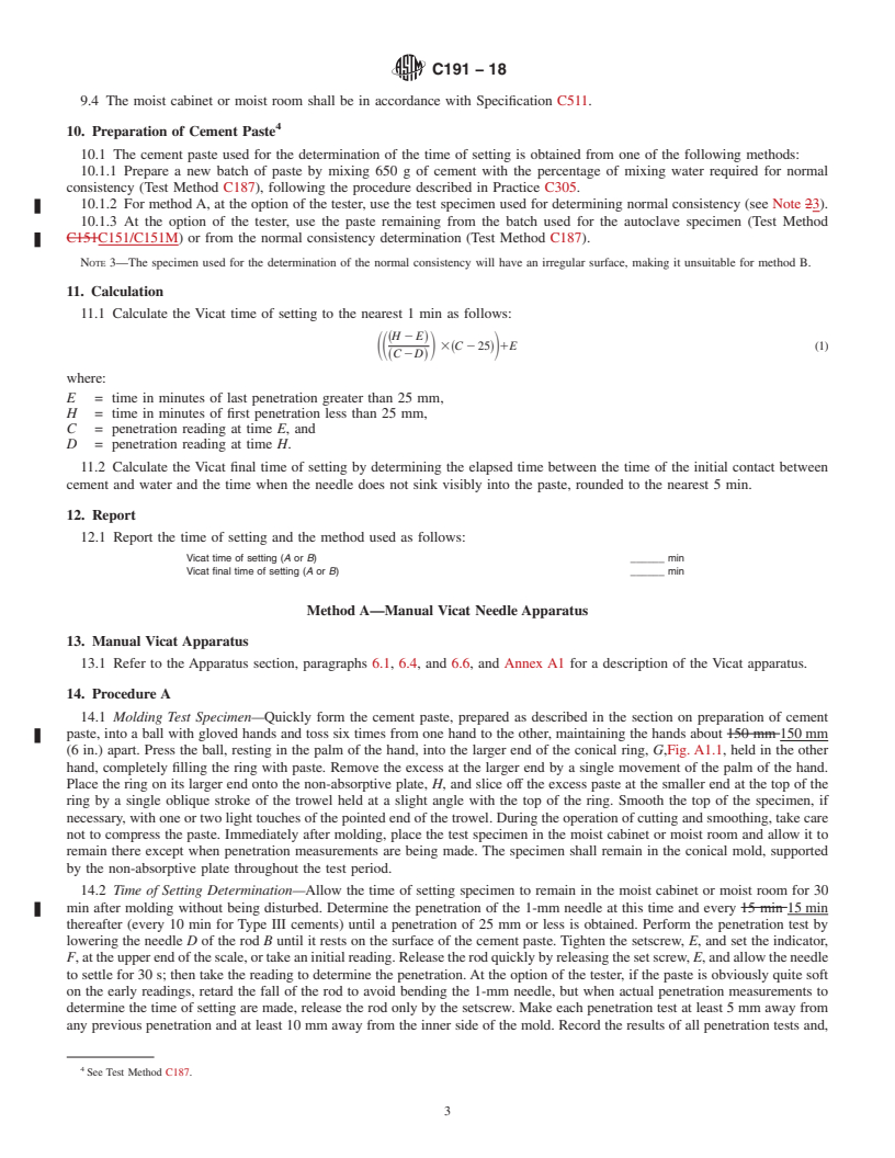 REDLINE ASTM C191-18 - Standard Test Methods for  Time of Setting of Hydraulic Cement by Vicat Needle