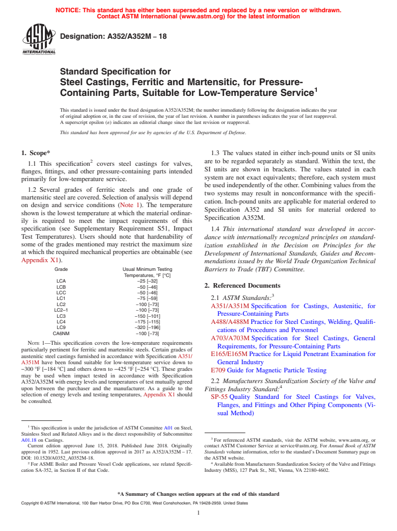 ASTM A352/A352M-18 - Standard Specification for  Steel Castings, Ferritic and Martensitic, for Pressure-Containing   Parts, Suitable for Low-Temperature Service