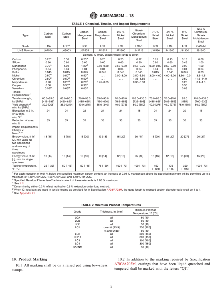 ASTM A352/A352M-18 - Standard Specification for  Steel Castings, Ferritic and Martensitic, for Pressure-Containing   Parts, Suitable for Low-Temperature Service