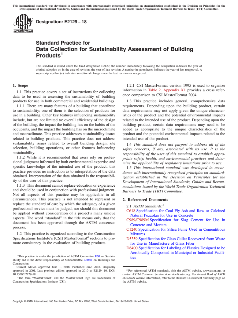 ASTM E2129-18 - Standard Practice for Data Collection for Sustainability Assessment of Building Products