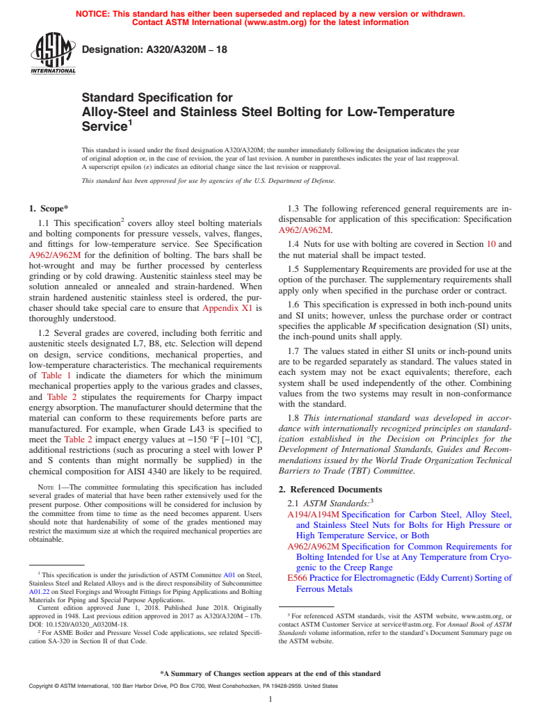 ASTM A320/A320M-18 - Standard Specification for  Alloy-Steel and Stainless Steel Bolting for Low-Temperature  Service