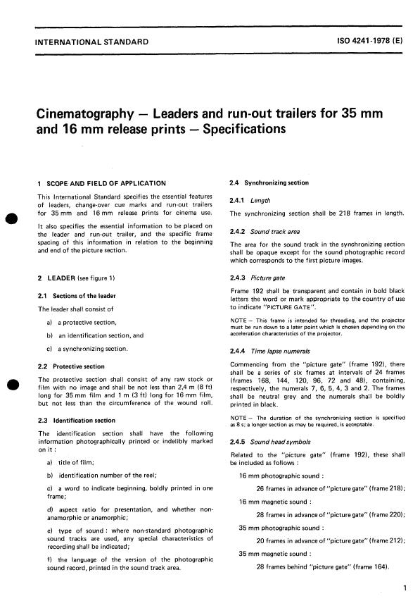 ISO 4241:1978 - Cinematography -- Leaders and run-out trailers for 35 mm and 16 mm release prints -- Specifications