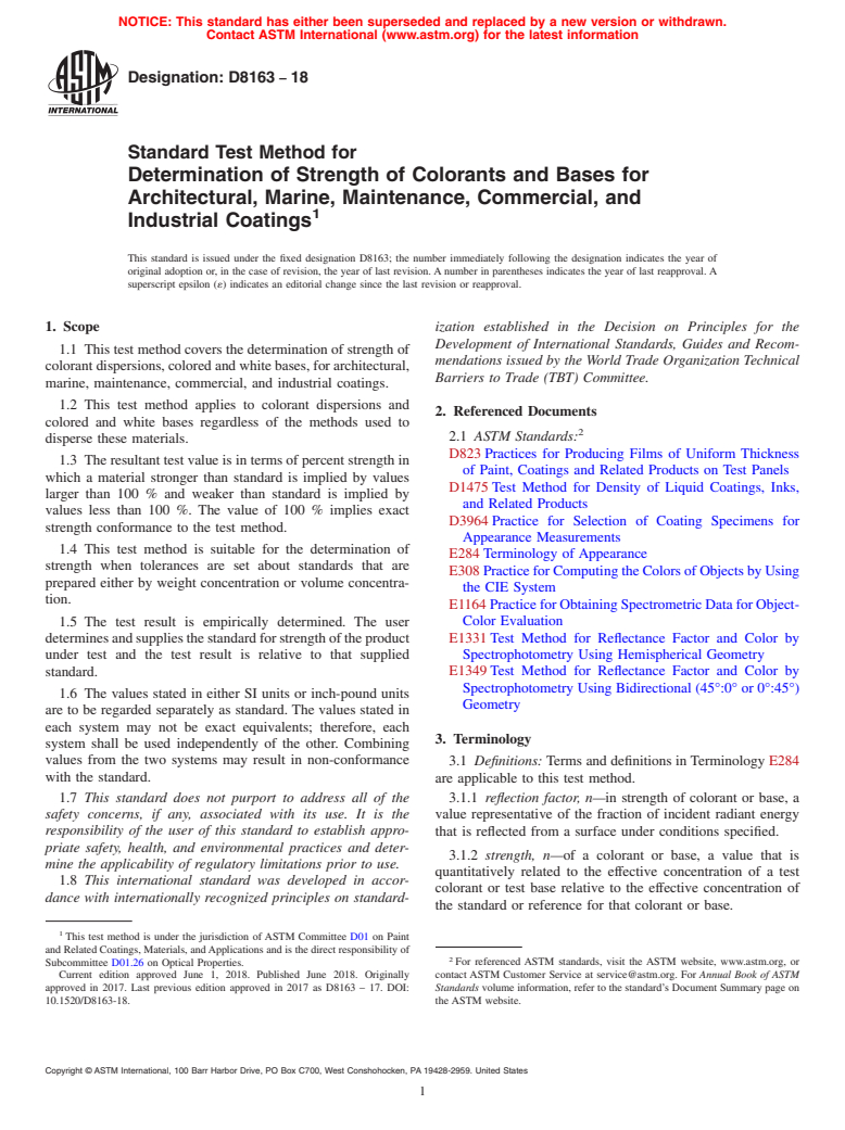 ASTM D8163-18 - Standard Test Method for Determination of Strength of Colorants and Bases for Architectural,  Marine, Maintenance, Commercial, and Industrial Coatings