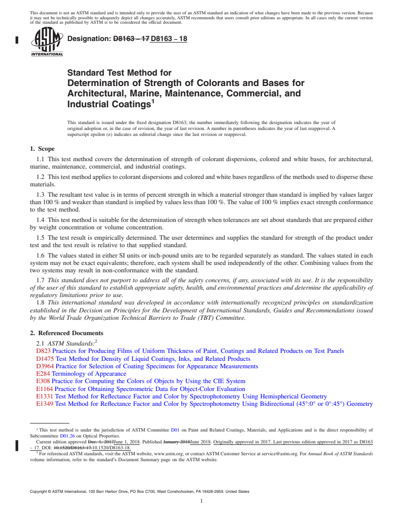 REDLINE ASTM D8163-18 - Standard Test Method for Determination of Strength of Colorants and Bases for Architectural,  Marine, Maintenance, Commercial, and Industrial Coatings