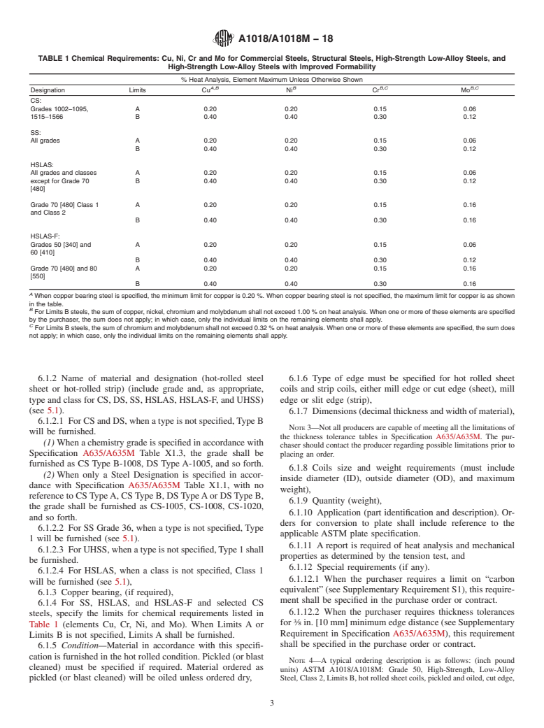 ASTM A1018/A1018M-18 - Standard Specification for  Steel, Sheet and Strip, Heavy-Thickness Coils, Hot-Rolled,  Carbon, Commercial, Drawing, Structural, High-Strength Low-Alloy,  High-Strength Low-Alloy with Improved Formability, and Ultra-High  Strength