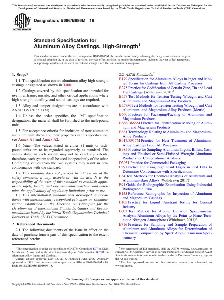 ASTM B686/B686M-18 - Standard Specification for  Aluminum Alloy Castings, High-Strength