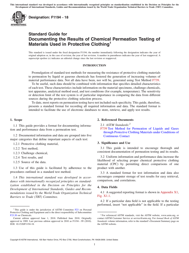 ASTM F1194-18 - Standard Guide for  Documenting the Results of Chemical Permeation Testing of Materials  Used in Protective Clothing