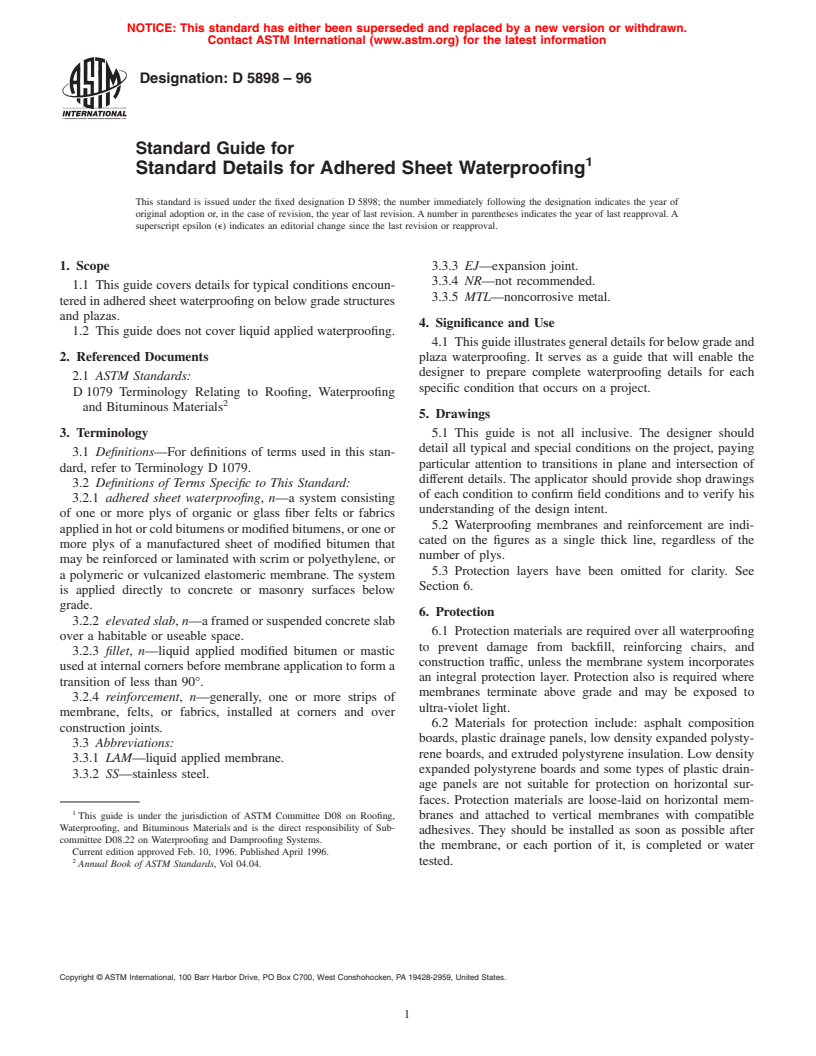 ASTM D5898-96 - Standard Guide for Standard Details for Adhered Sheet Waterproofing