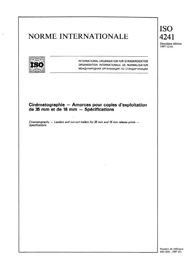 ISO 4241:1987 - Cinématographie -- Amorces pour copies d'exploitation de 35 mm et de 16 mm -- Spécifications