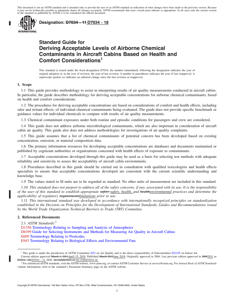 REDLINE ASTM D7034-18 - Standard Guide for  Deriving Acceptable Levels of Airborne Chemical Contaminants in Aircraft Cabins Based on Health and Comfort Considerations