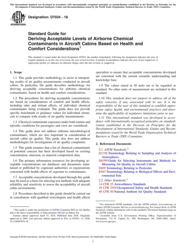 ASTM D7034-18 - Standard Guide for  Deriving Acceptable Levels of Airborne Chemical Contaminants in Aircraft Cabins Based on Health and Comfort Considerations