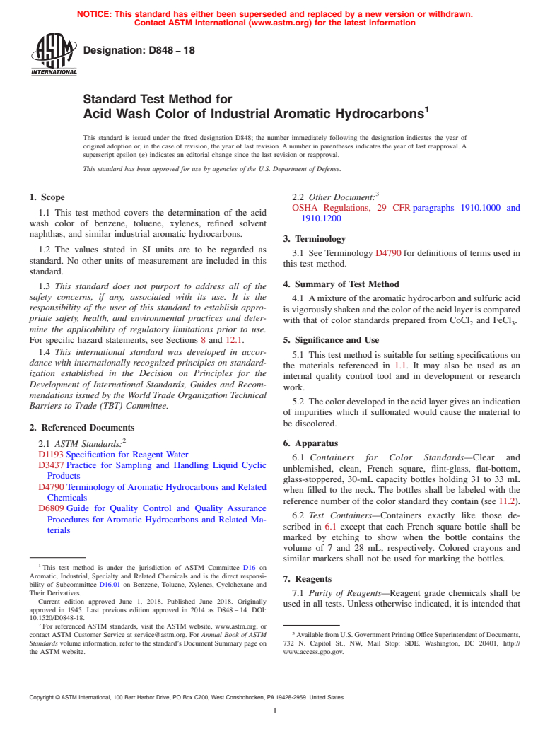 ASTM D848-18 - Standard Test Method for Acid Wash Color of Industrial Aromatic Hydrocarbons