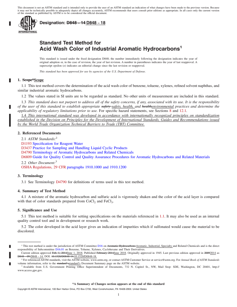 REDLINE ASTM D848-18 - Standard Test Method for Acid Wash Color of Industrial Aromatic Hydrocarbons