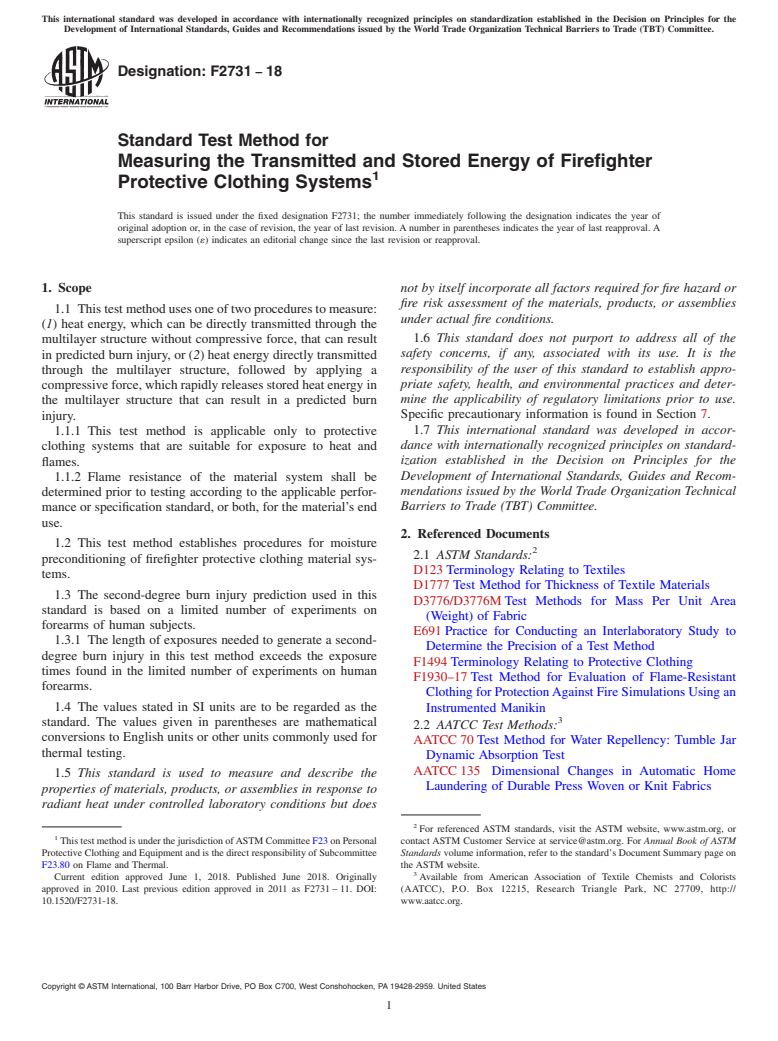 ASTM F2731-18 - Standard Test Method for  Measuring the Transmitted and Stored Energy of Firefighter  Protective Clothing Systems