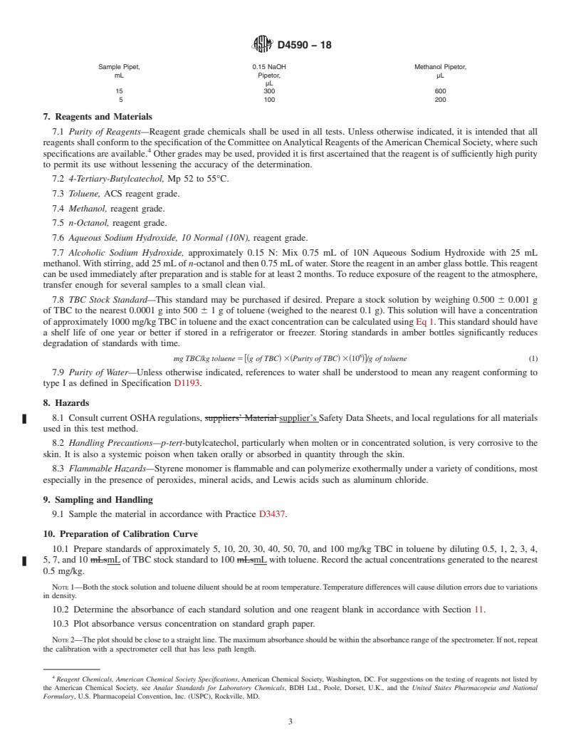 REDLINE ASTM D4590-18 - Standard Test Method for Colorimetric Determination of <emph type="ital">p-tert</emph  >-Butylcatechol      In Styrene  Monomer or AMS (&#x3b1;&#x2013;Methylstyrene)  by Spectrophotometry