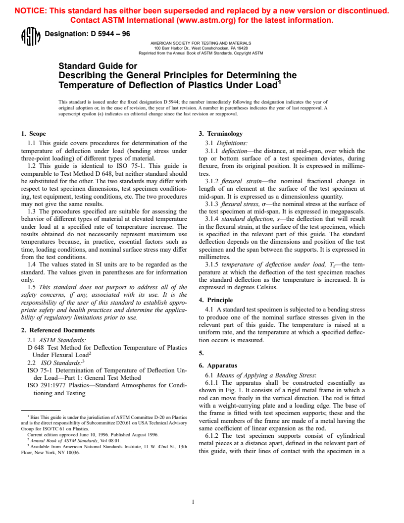 ASTM D5944-96 - Test Method for Determination of Temperature of Deflection Under Load (Withdrawn 1998)