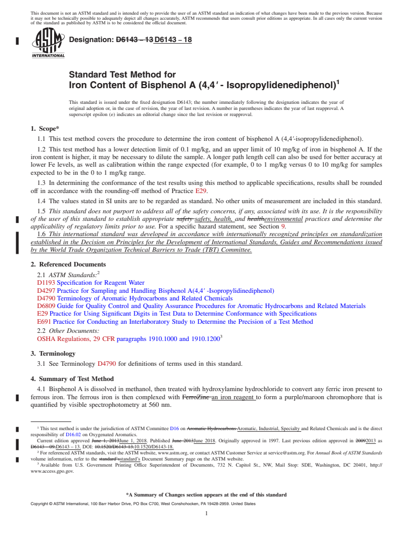 REDLINE ASTM D6143-18 - Standard Test Method for Iron Content of Bisphenol A (4,4<emph type="bdit">&#x2032;</emph  > - Isopropylidenediphenol)