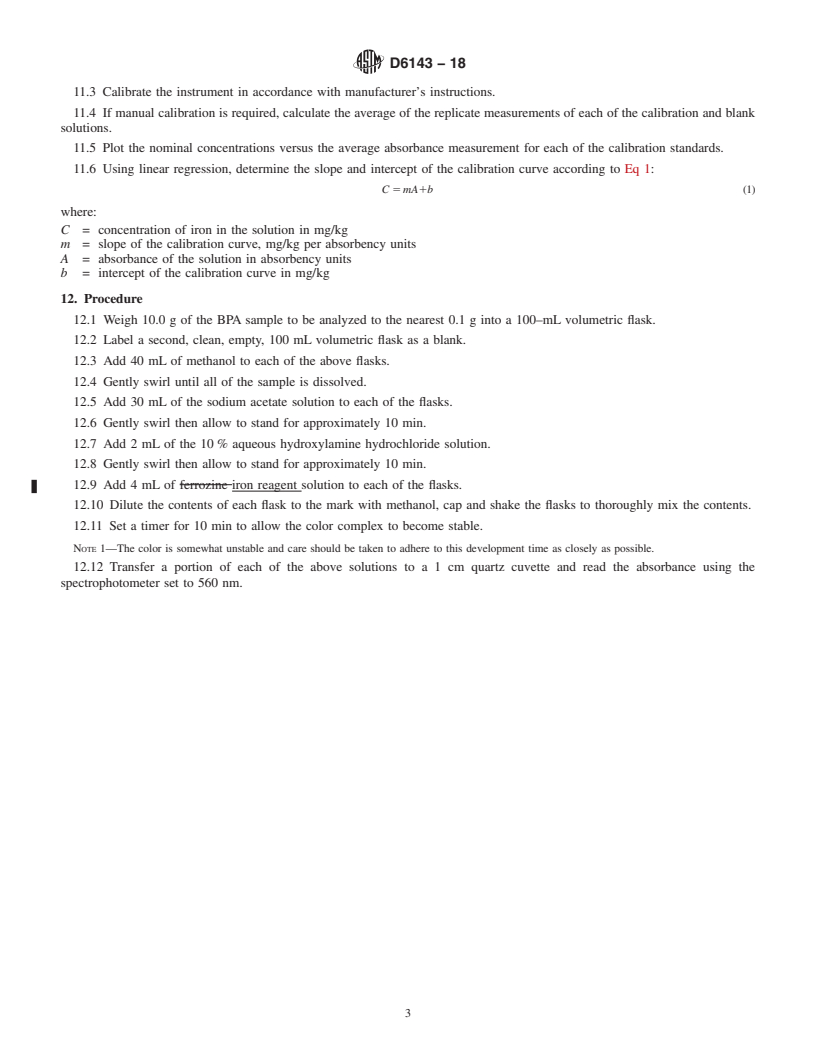 REDLINE ASTM D6143-18 - Standard Test Method for Iron Content of Bisphenol A (4,4<emph type="bdit">&#x2032;</emph  > - Isopropylidenediphenol)