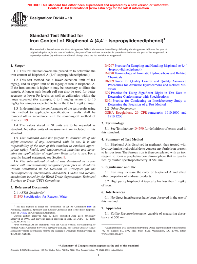 ASTM D6143-18 - Standard Test Method for Iron Content of Bisphenol A (4,4<emph type="bdit">&#x2032;</emph  > - Isopropylidenediphenol)