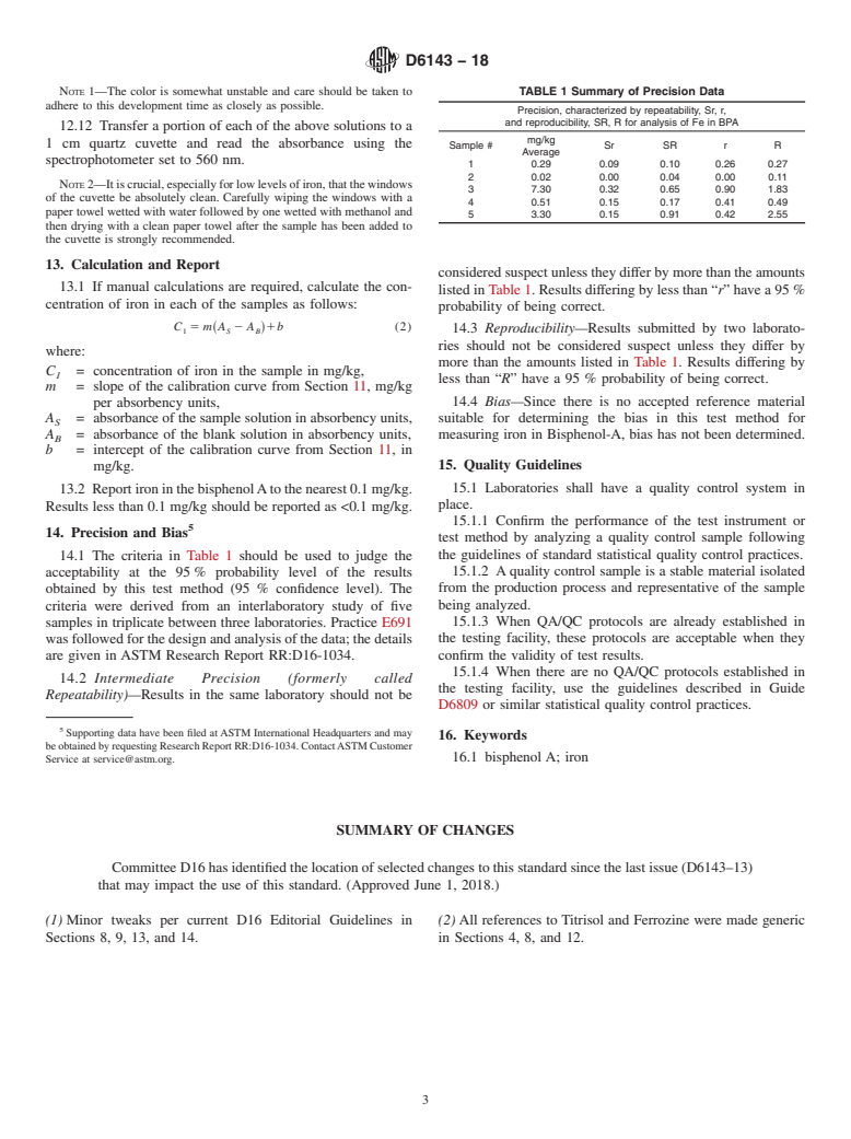 ASTM D6143-18 - Standard Test Method for Iron Content of Bisphenol A (4,4<emph type="bdit">&#x2032;</emph  > - Isopropylidenediphenol)