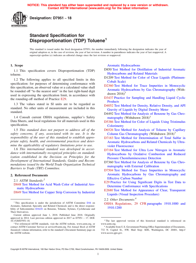 ASTM D7951-18 - Standard Specification for Disproportionation (TDP) Toluene