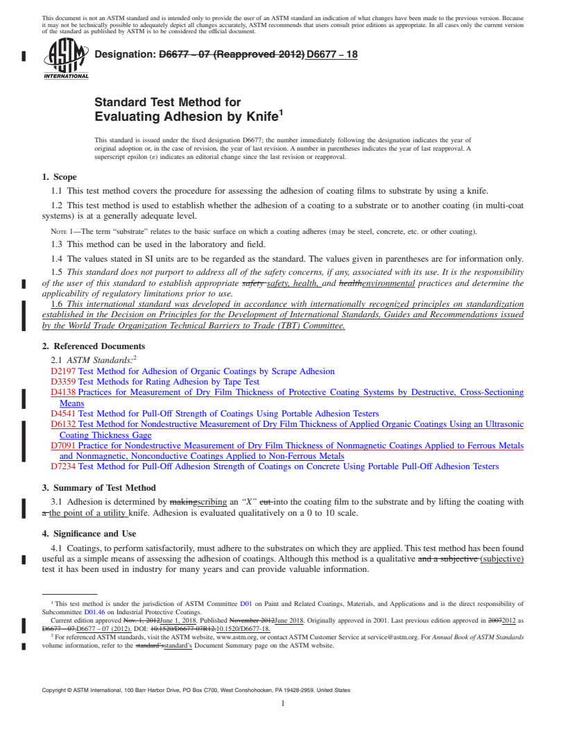 REDLINE ASTM D6677-18 - Standard Test Method for Evaluating Adhesion by Knife