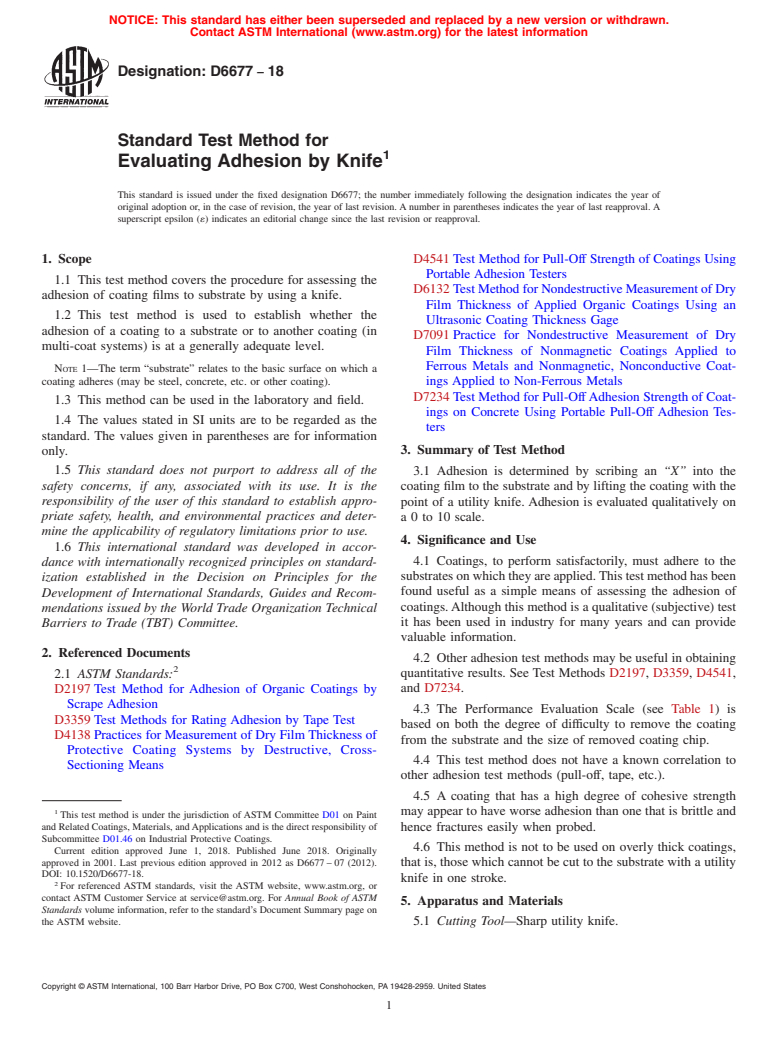 ASTM D6677-18 - Standard Test Method for Evaluating Adhesion by Knife