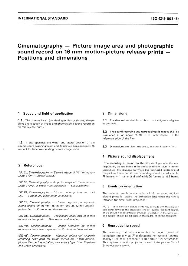 ISO 4243:1979 - Cinematography -- Picture image area and photographic sound record on 16 mm motion-picture release prints -- Positions and dimensions
