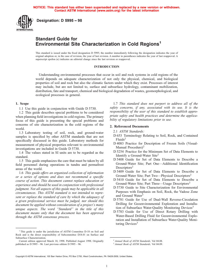 ASTM D5995-98 - Standard Guide for Environmental Site Characterization in Cold Regions