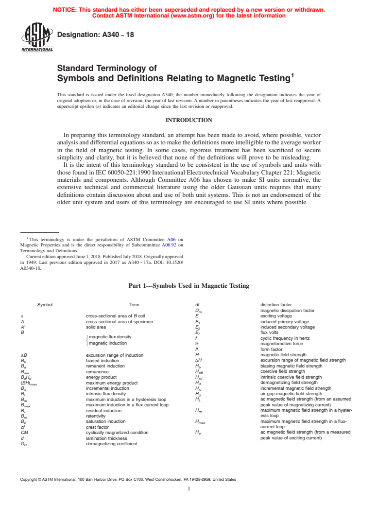 ASTM A340-18 - Standard Terminology of Symbols and Definitions Relating to Magnetic Testing
