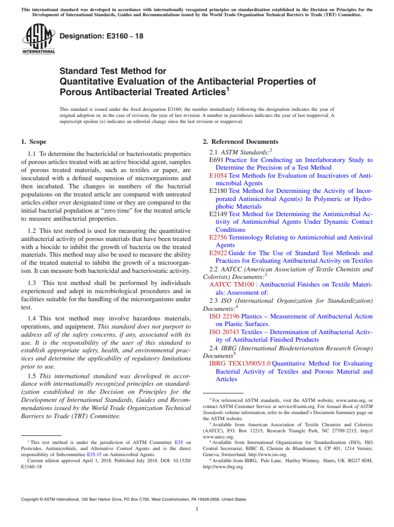 ASTM E3160-18 - Standard Test Method for Quantitative Evaluation of the Antibacterial Properties of  Porous Antibacterial Treated Articles