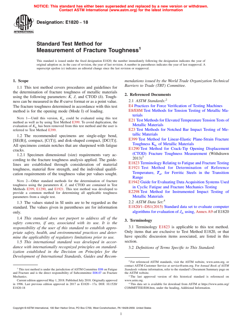 ASTM E1820-18 - Standard Test Method for  Measurement of Fracture Toughness