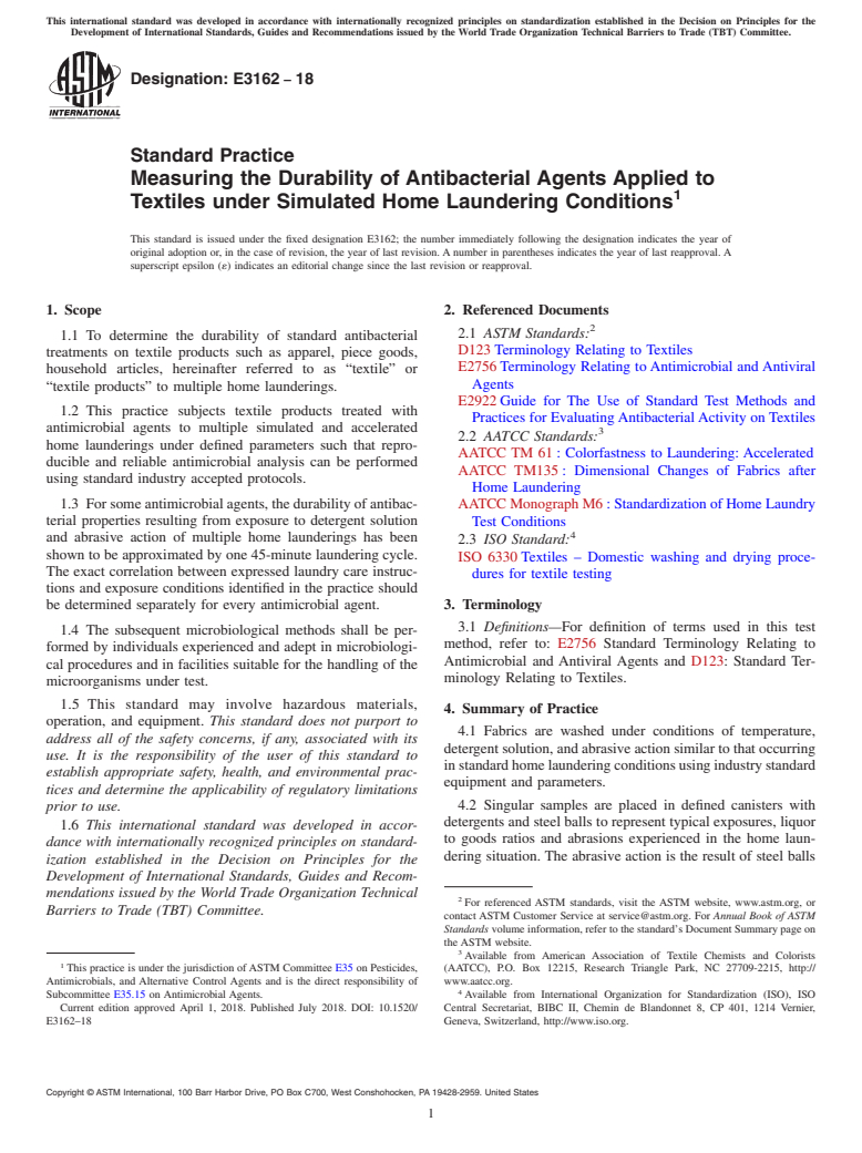 ASTM E3162-18 - Standard Practice Measuring the Durability of Antibacterial Agents Applied to  Textiles under Simulated Home Laundering Conditions