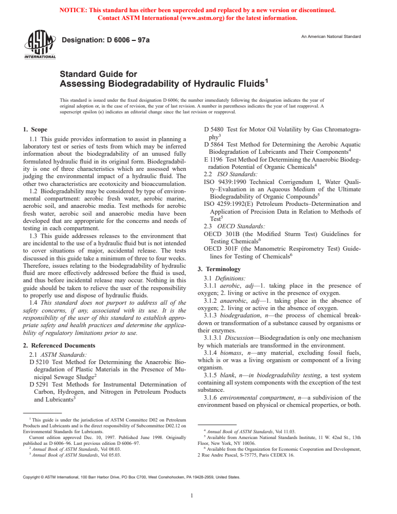 ASTM D6006-97a - Standard Guide for Assessing Biodegradability of Hydraulic Fluids