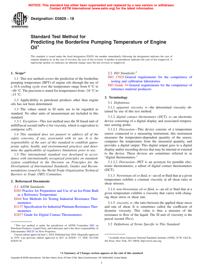 ASTM D3829-18 - Standard Test Method for Predicting the Borderline Pumping Temperature of Engine Oil