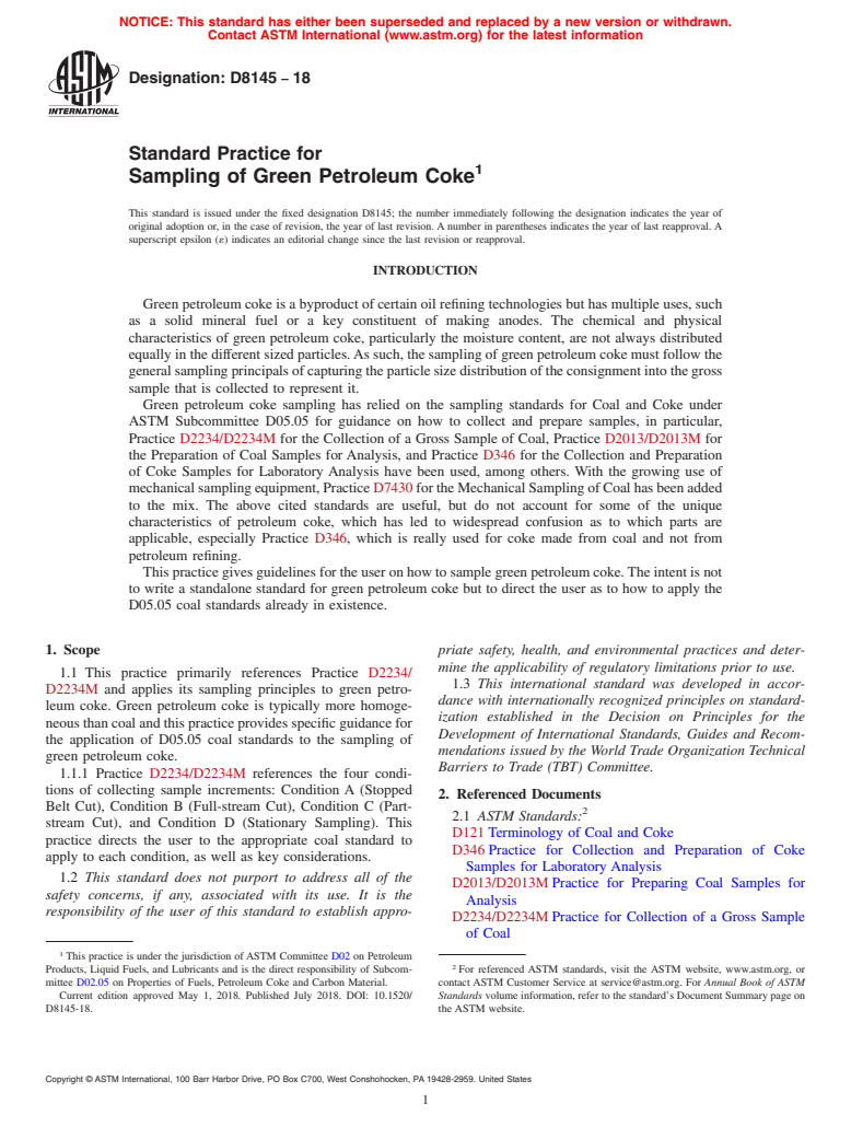 ASTM D8145-18 - Standard Practice for Sampling of Green Petroleum Coke