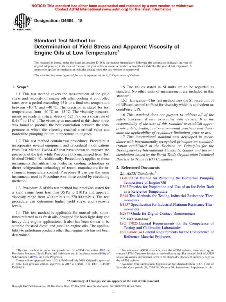 ASTM D4684-18 - Standard Test Method for Determination of Yield Stress and Apparent Viscosity of Engine  Oils at Low Temperature