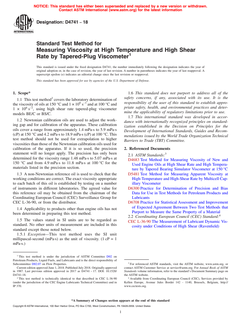 ASTM D4741-18 - Standard Test Method for Measuring Viscosity at High Temperature and High Shear Rate  by Tapered-Plug Viscometer